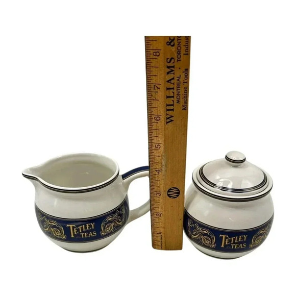 Tetley Tea Lot 2 Cream and Sugar Bowl White Blue Gold  Ceramic 1980s - Picture 9 of 9